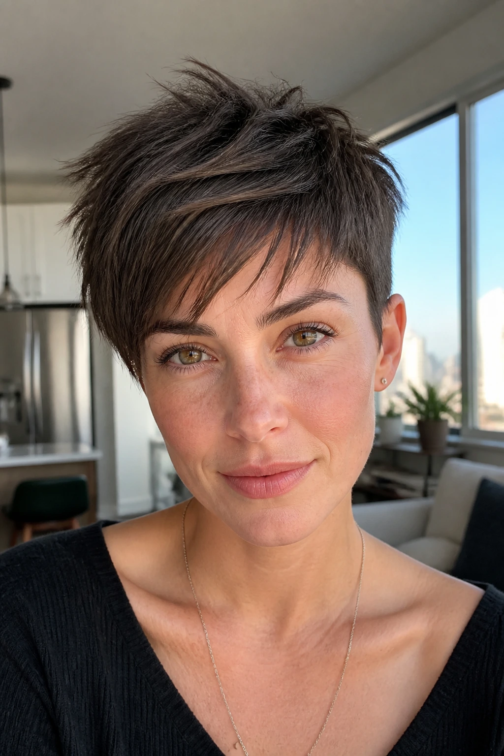 Portrait of a real woman with a pixie cut featuring a longer, choppy top.