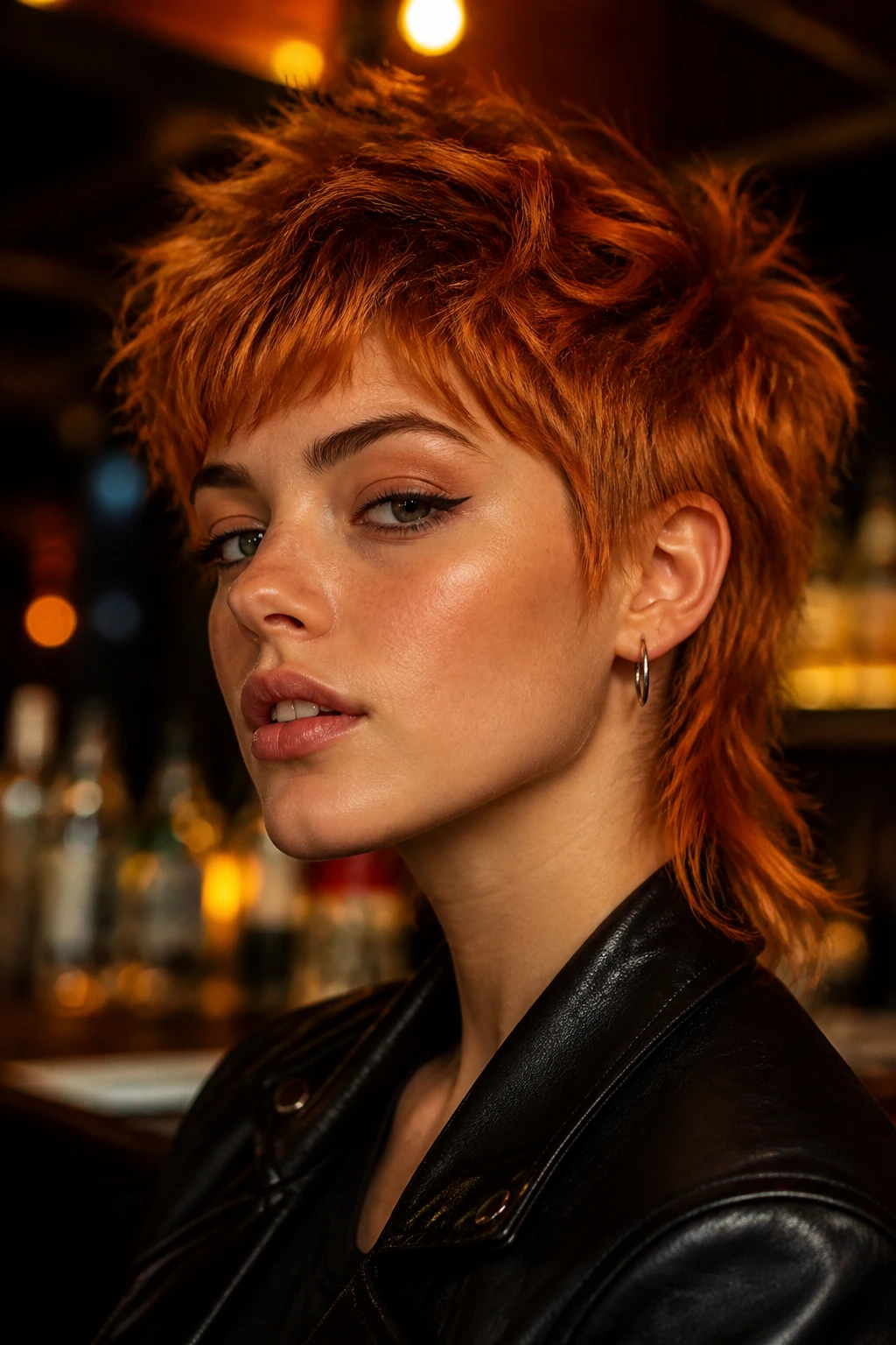 Portrait of a real woman with a pixie-mullet in rusty sunset hues