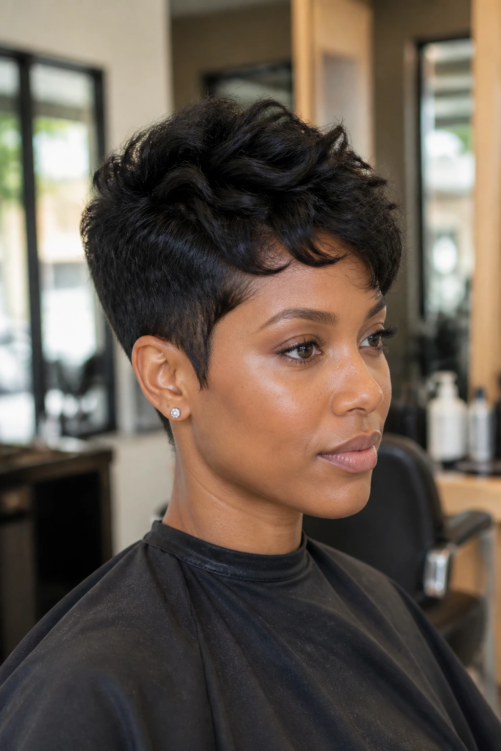 Close-up of a real woman with a sculpted tapered pixie haircut showing tight sides and crown volume.
