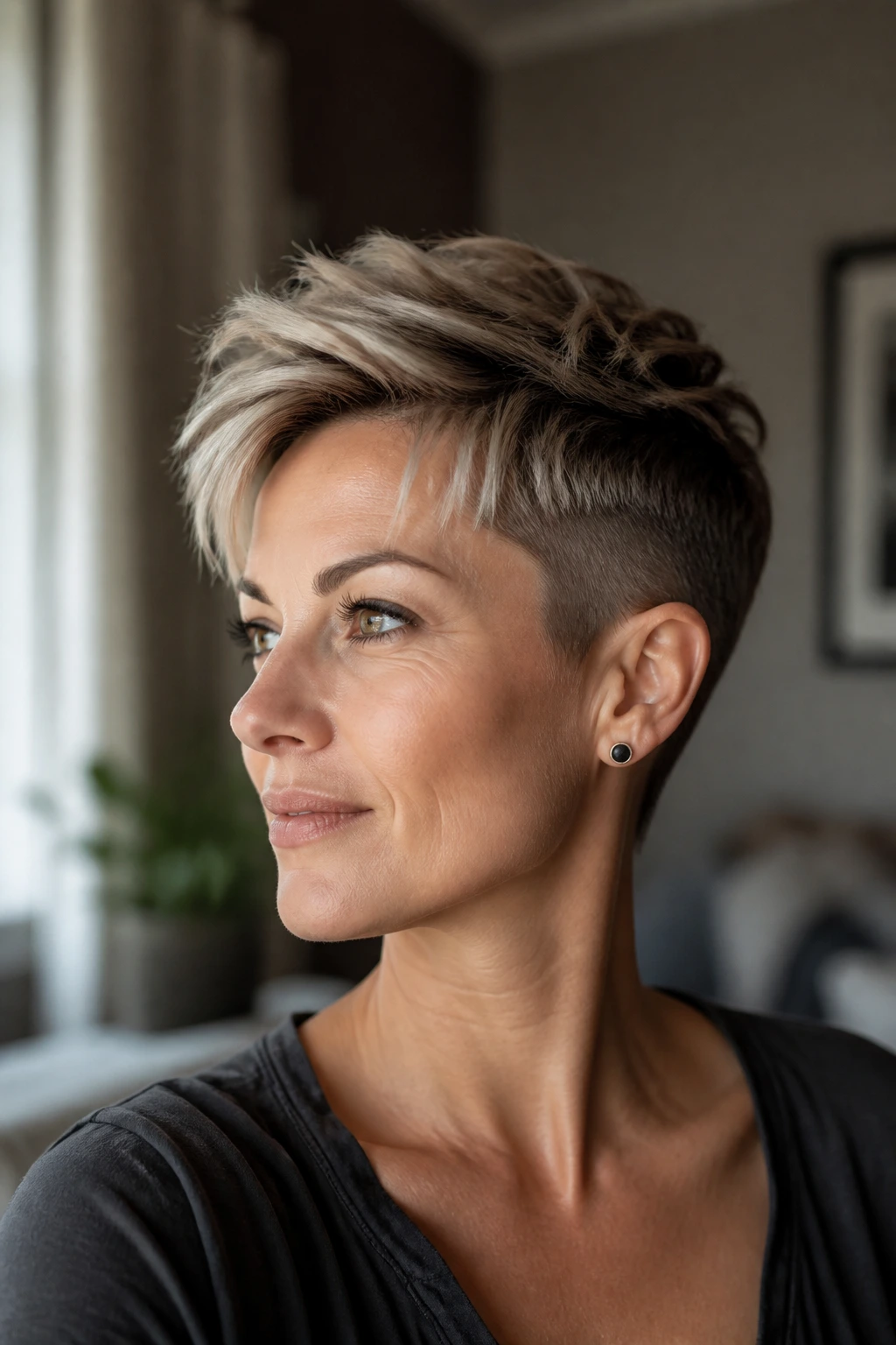Close up of a woman with a textured pixie top layers and short sides