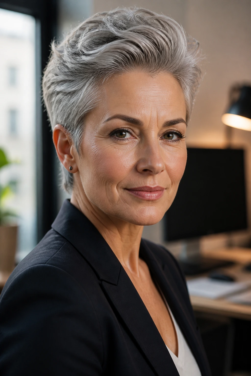 Close-up of a woman with a silver-grey brushed-back pixie in a modern office.