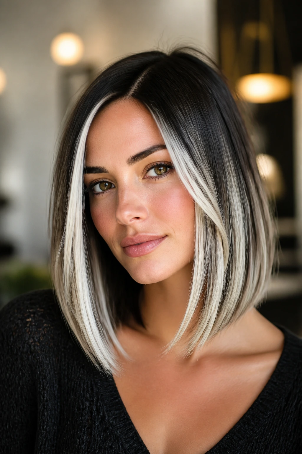 Portrait of a real woman with high-contrast platinum streaks on a lob