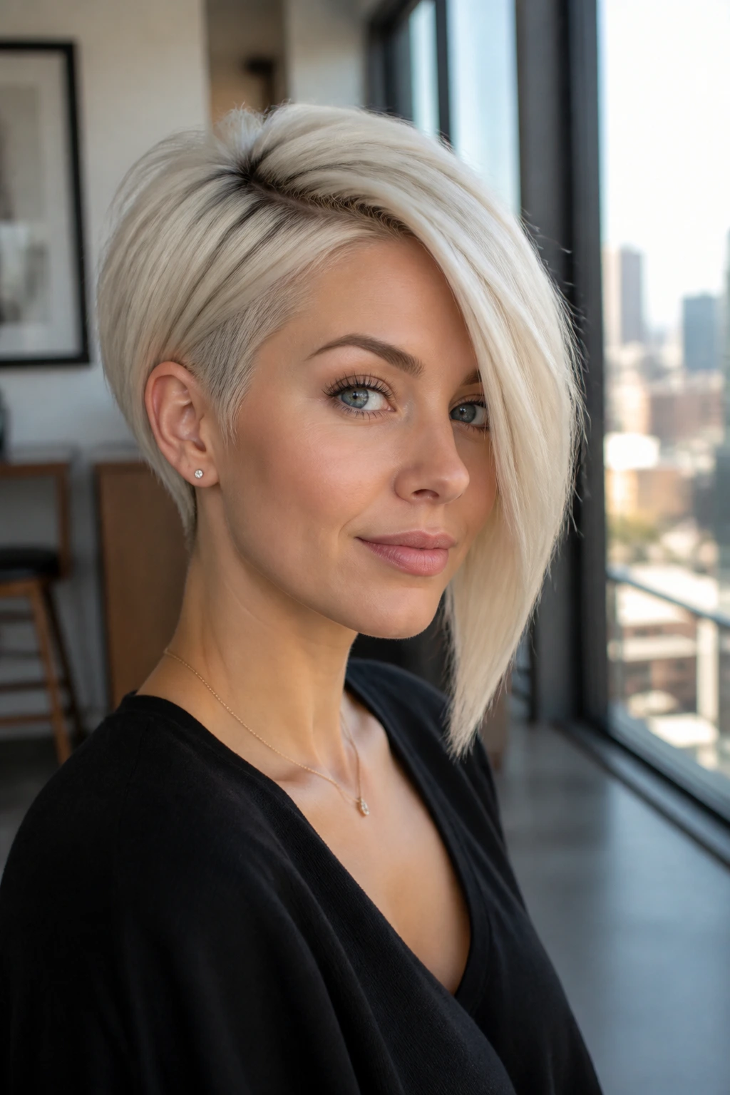 Close-up of a real woman with a platinum blonde angled crop showing a sharp angle.