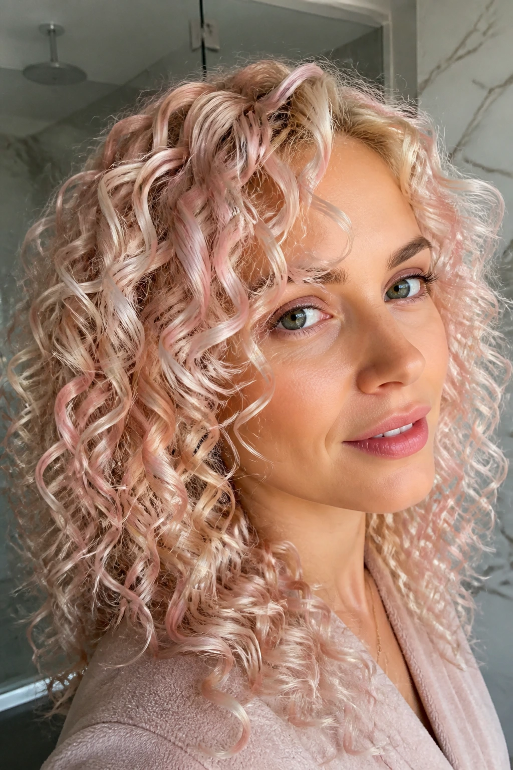 Close-up of platinum blonde curls with metallic rose gold highlights