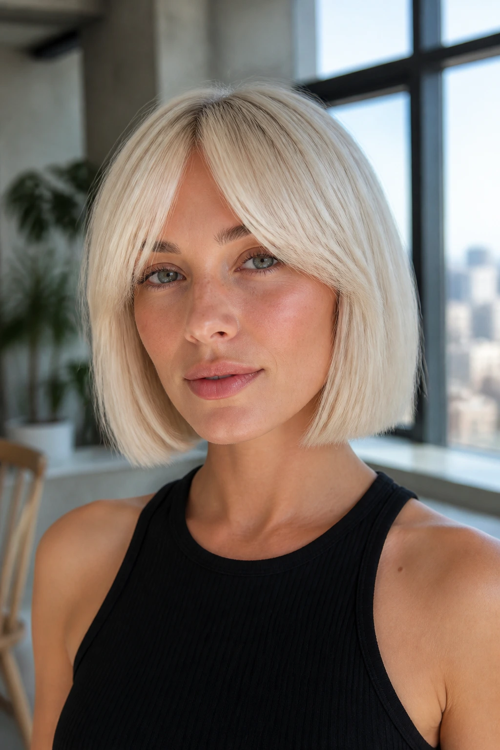 Close-up portrait of a real woman with a blunt platinum bob and broad curtain bangs