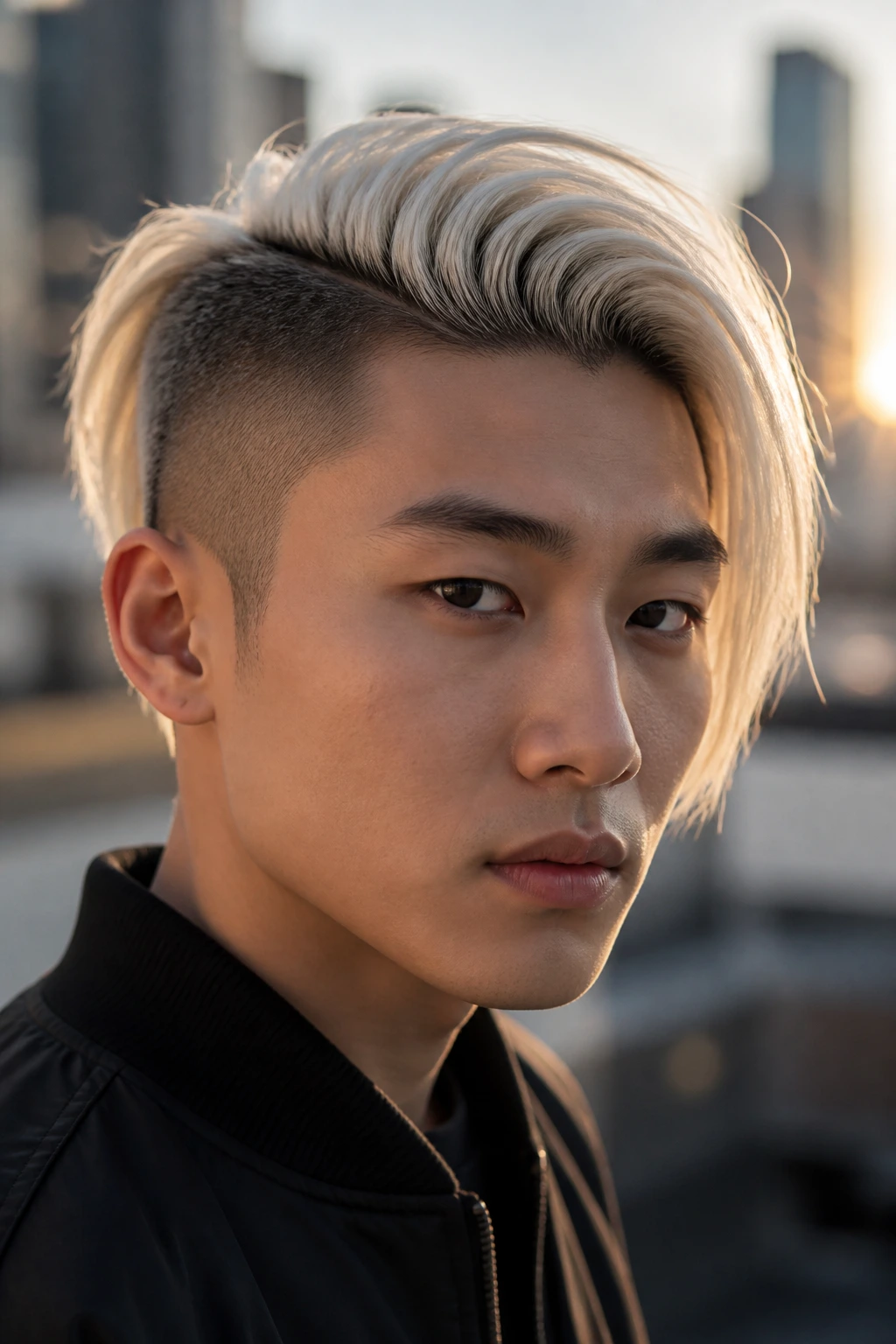 Close-up of an Asian person with platinum long side and natural shaved side showing strong color contrast.