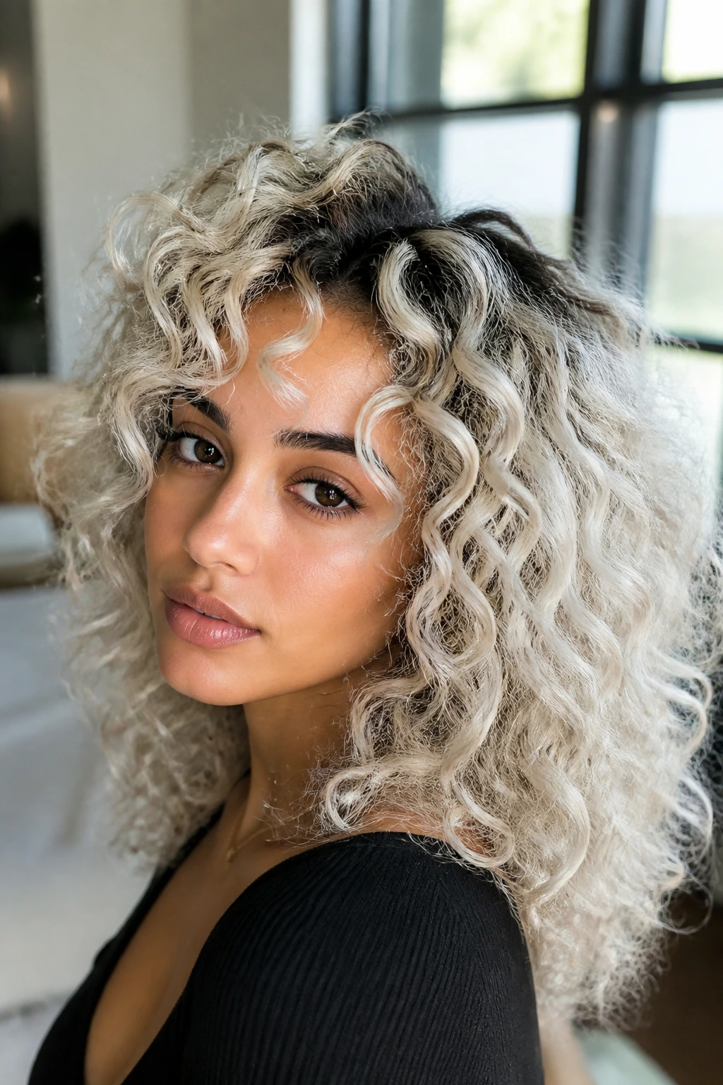 Close-up of real person's platinum curls with dark roots