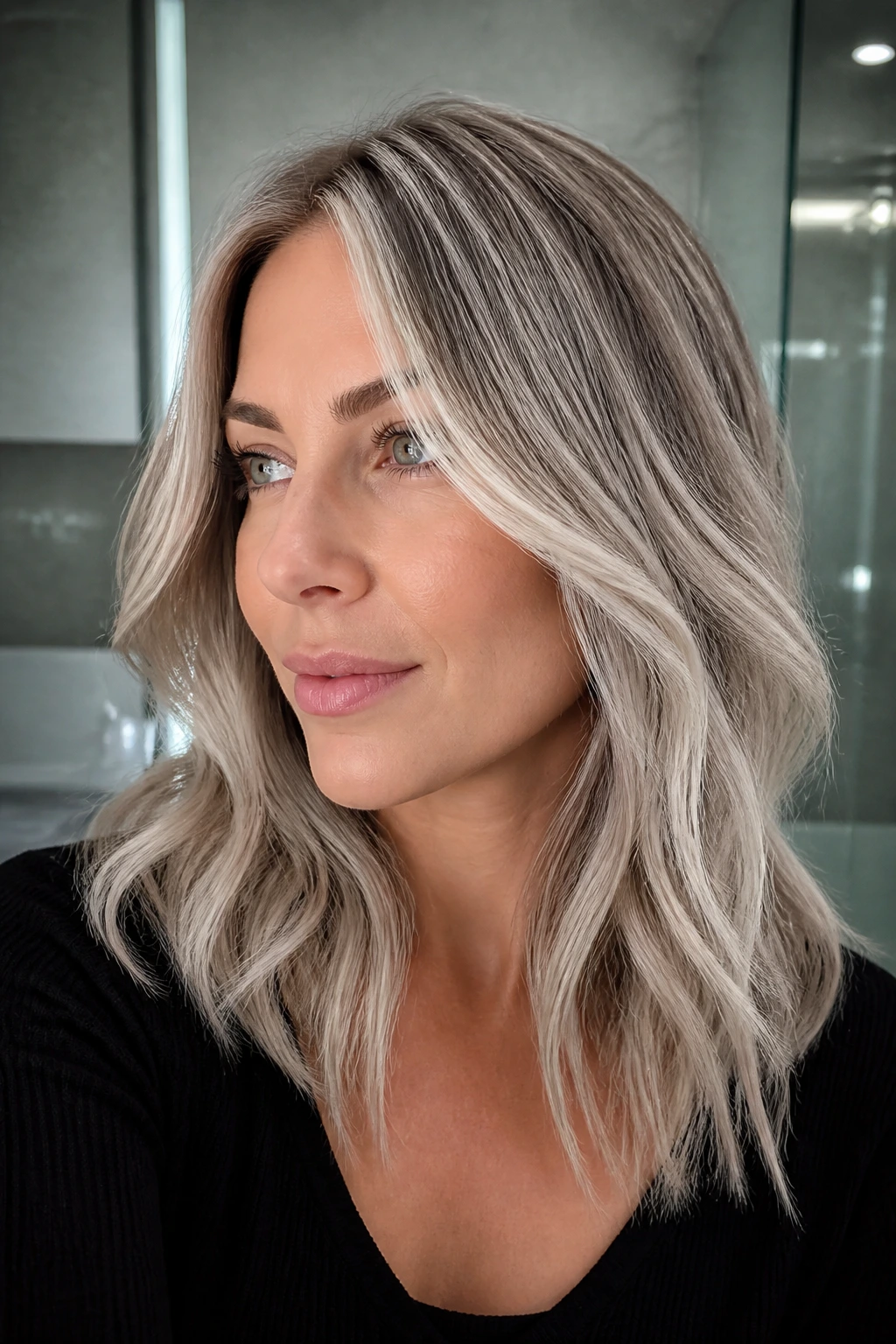 Close-up of ash-toned hair with cool platinum frosting on a real person