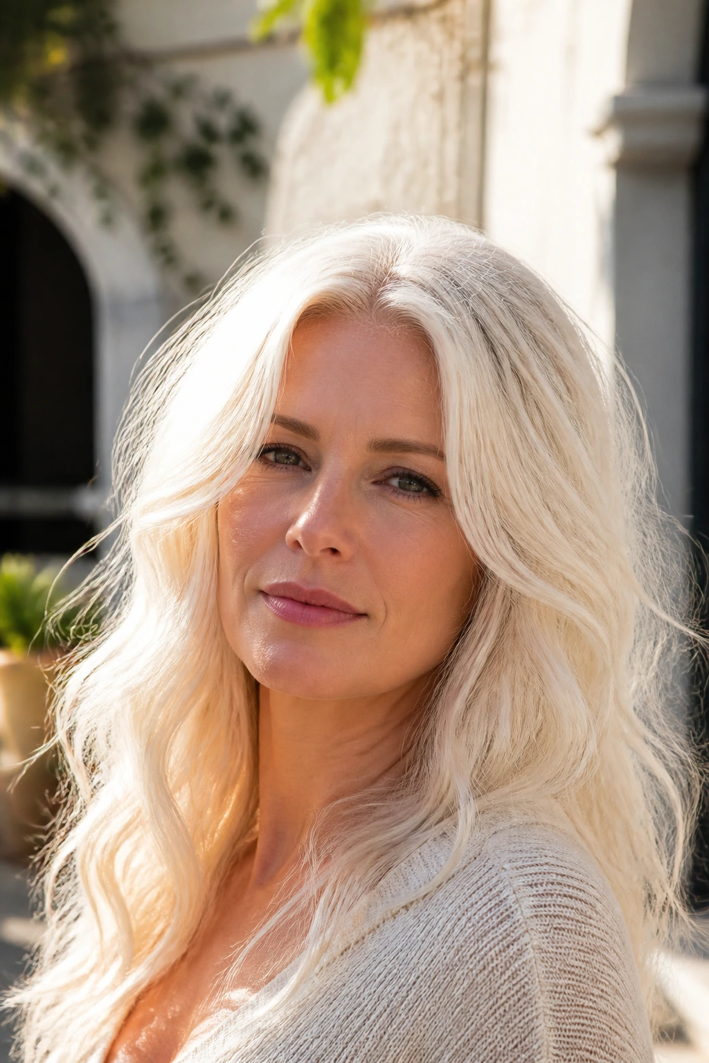 Close-up of a real woman with platinum hair and halo-like brightness