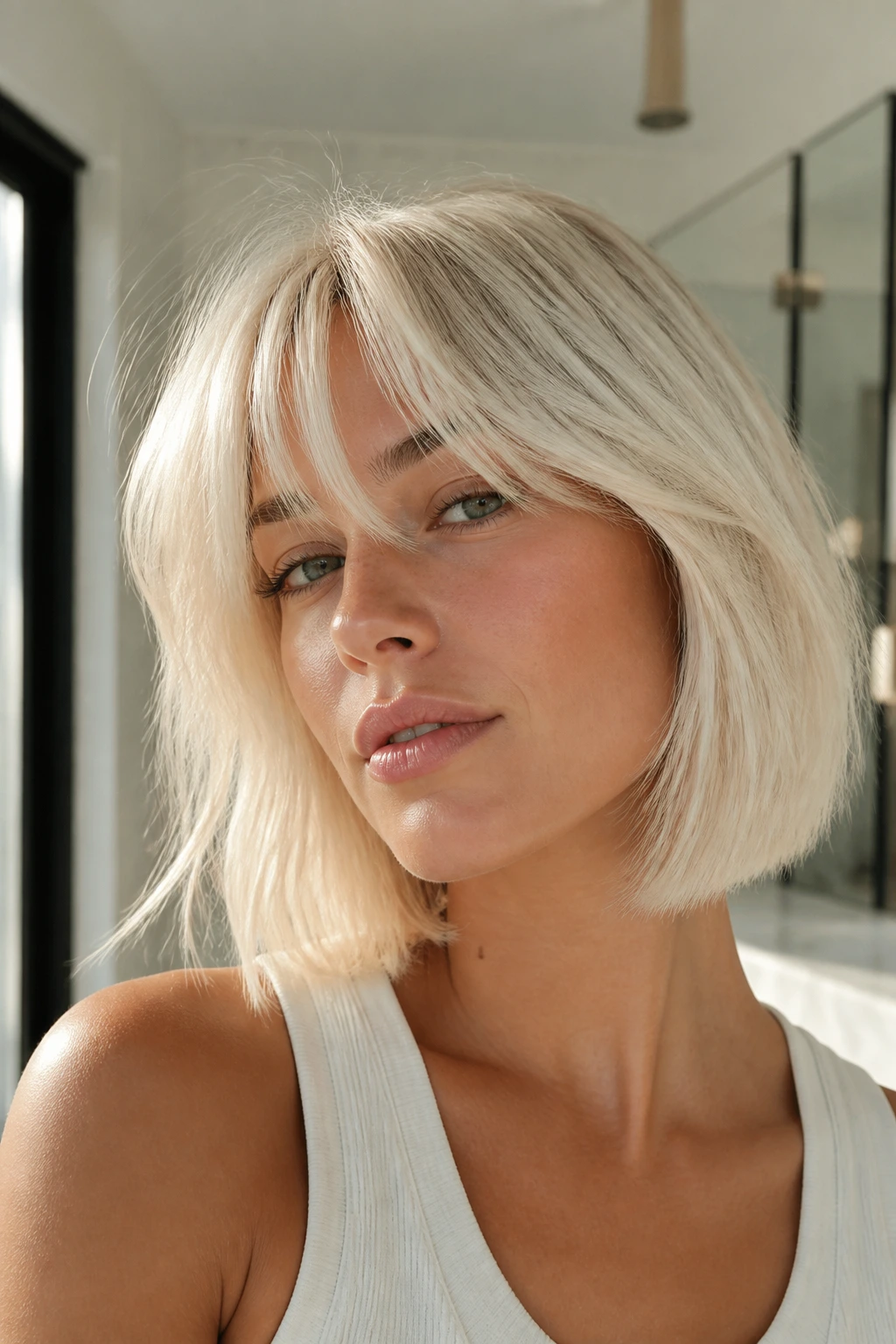Close-up of a woman with icy platinum hair and feathered fringe.