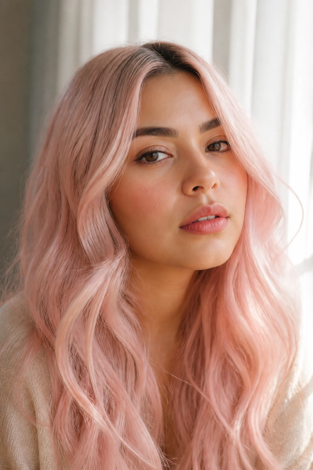 Close-up of platinum pink cloud hair on a real woman