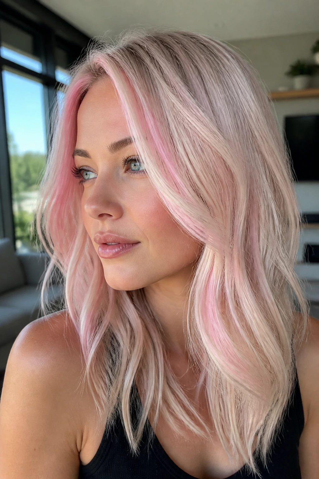 Real person with platinum pink pastel highlights around the face