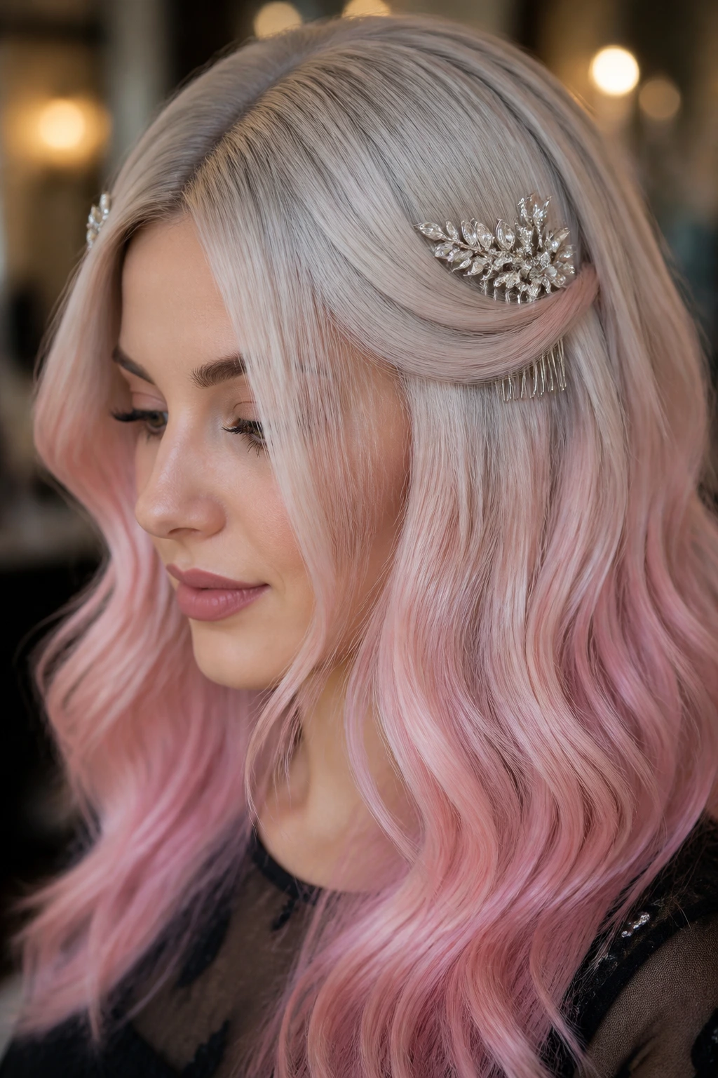 Close-up of a real woman with platinum-pink ombré hair and crystal combs in the sides.