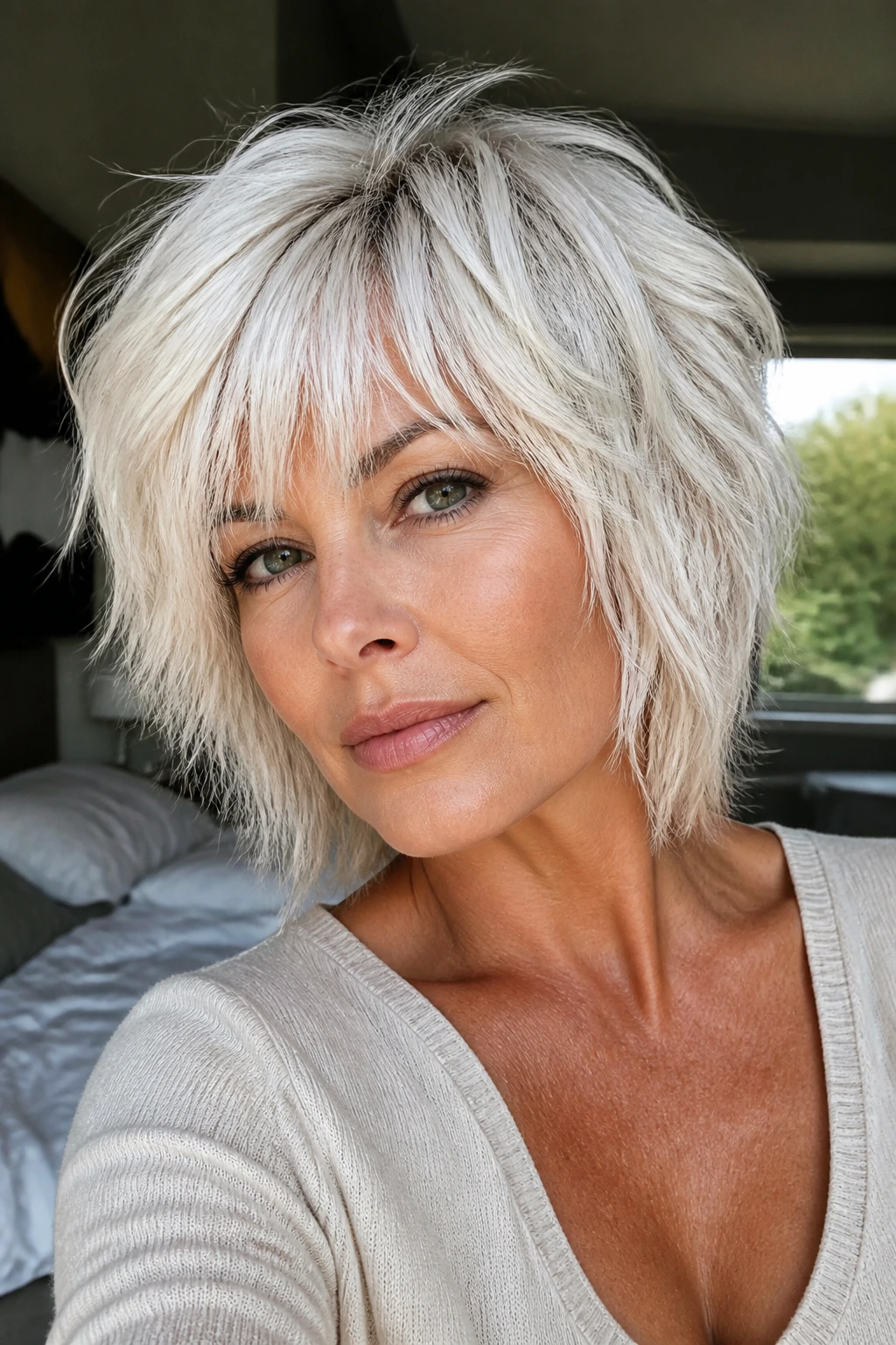 Portrait of a woman with a platinum choppy shag in a sunlit bedroom.