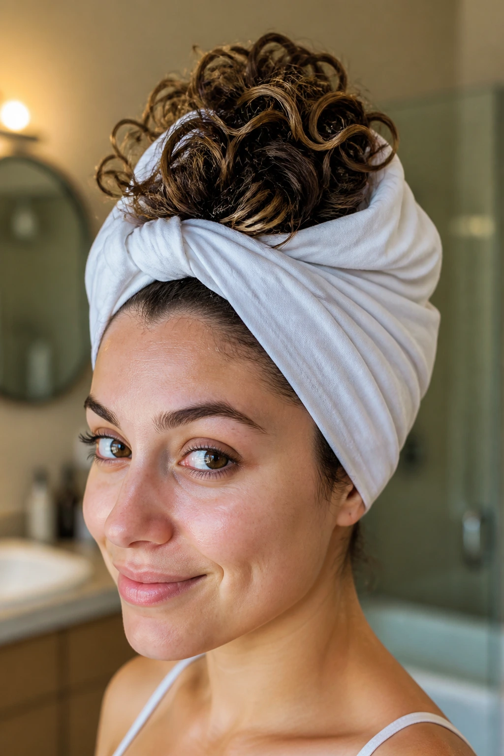 Real woman with hair plopped on top using a cotton T-shirt.