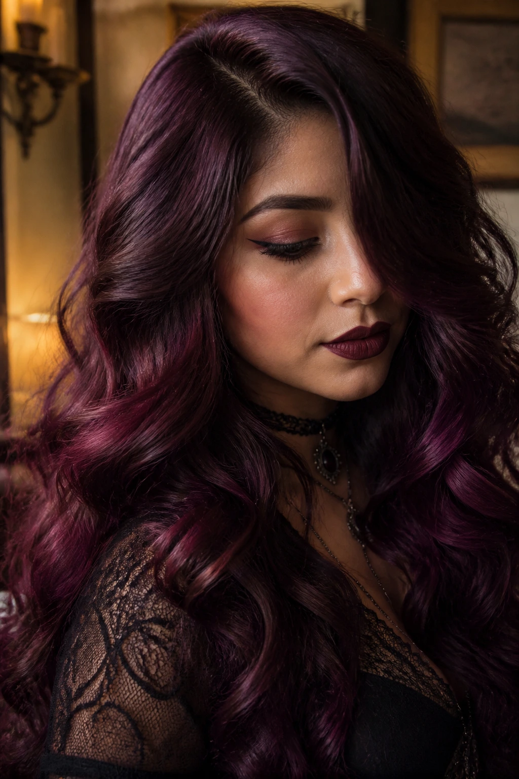 Latina with midnight plum and deep burgundy hair tones in warm light