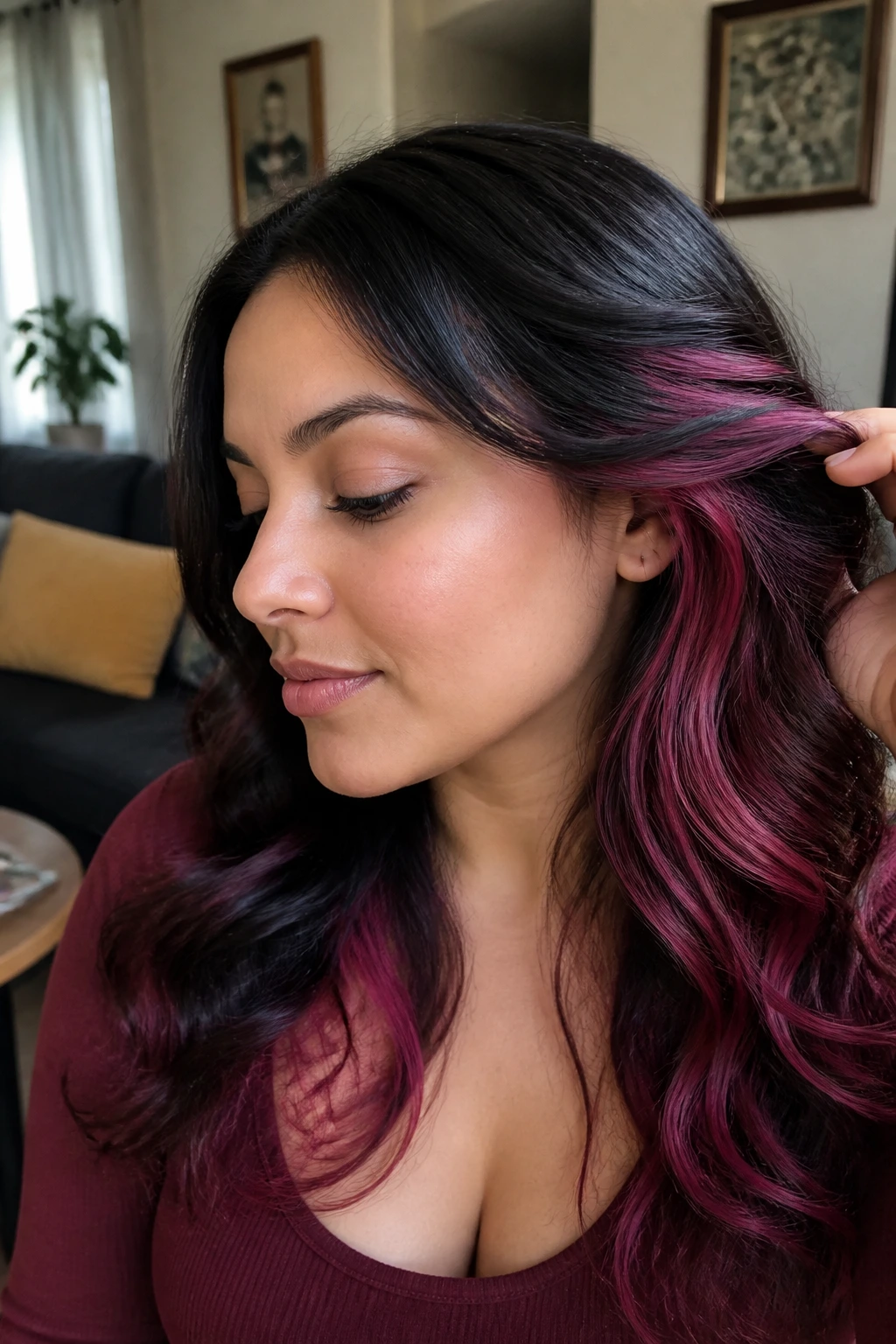 Close-up of a real person revealing plum-pink peek-a-boos under the top layer