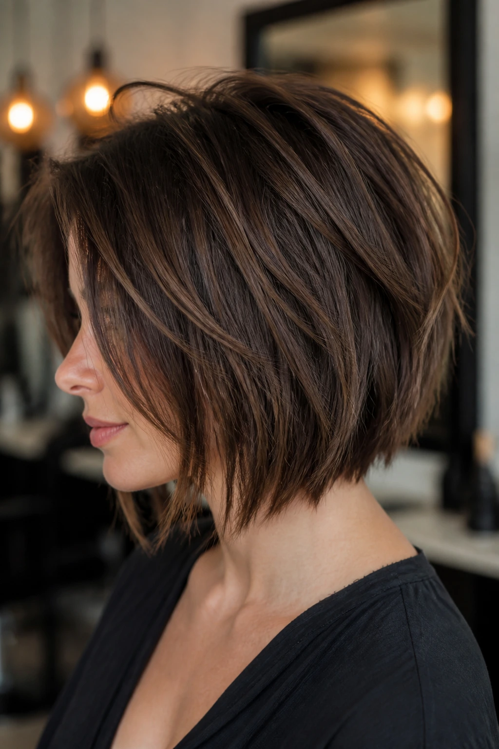 Close-up portrait of a real person with a bob cut featuring deep point-cut layers for depth.