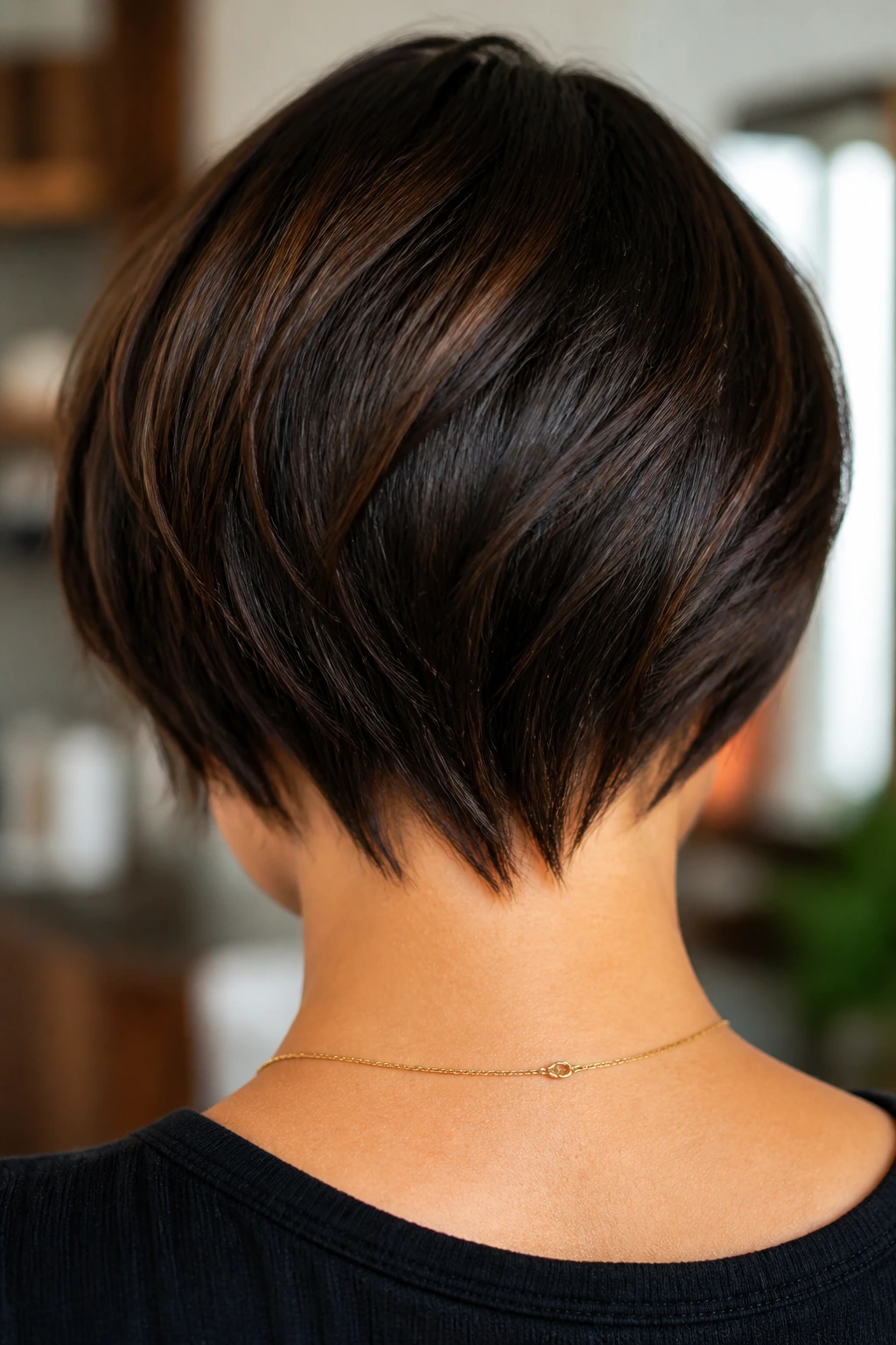 Back view of real woman showing textured nape with point cutting