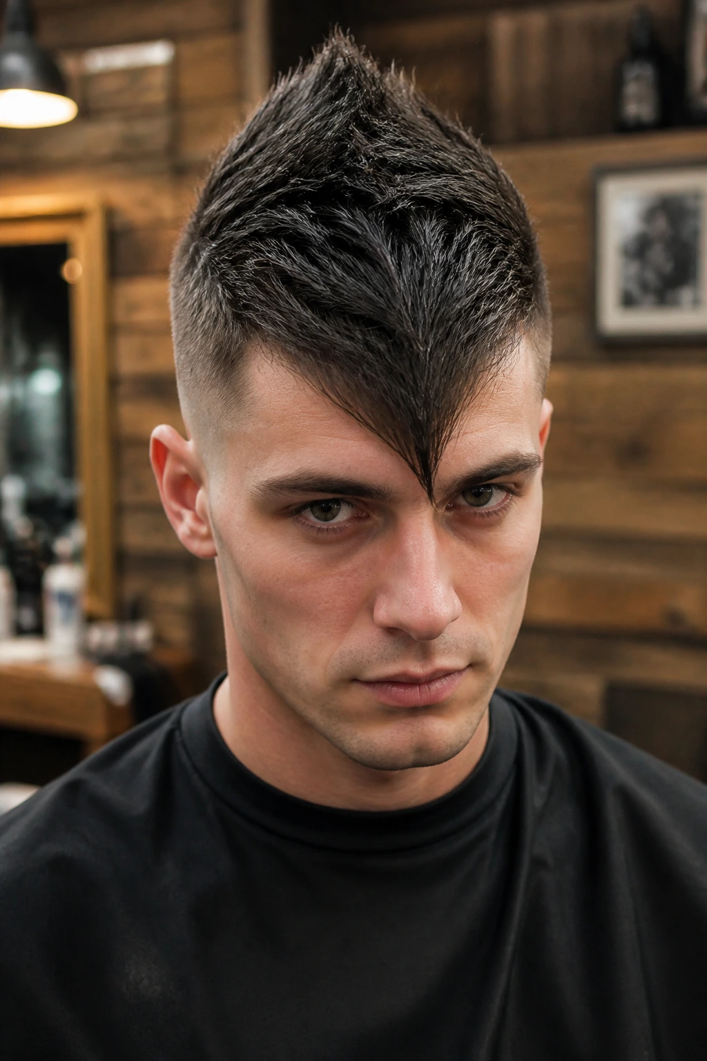 Close-up of a man with a pointy-front fohawk shaping a triangular bang