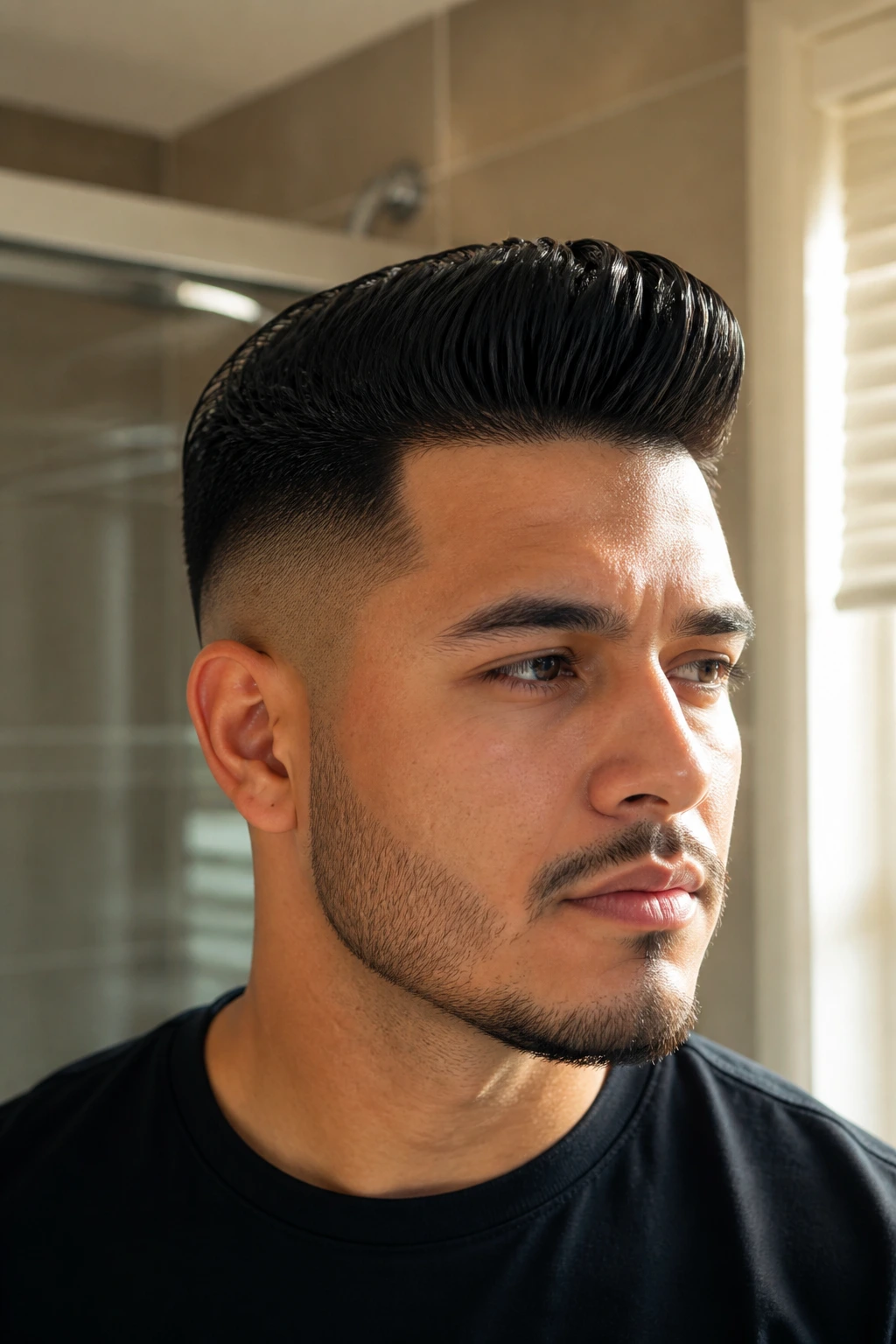 Close-up portrait of a real man with a polished quiff and tight fade, in warm window-lit bathroom