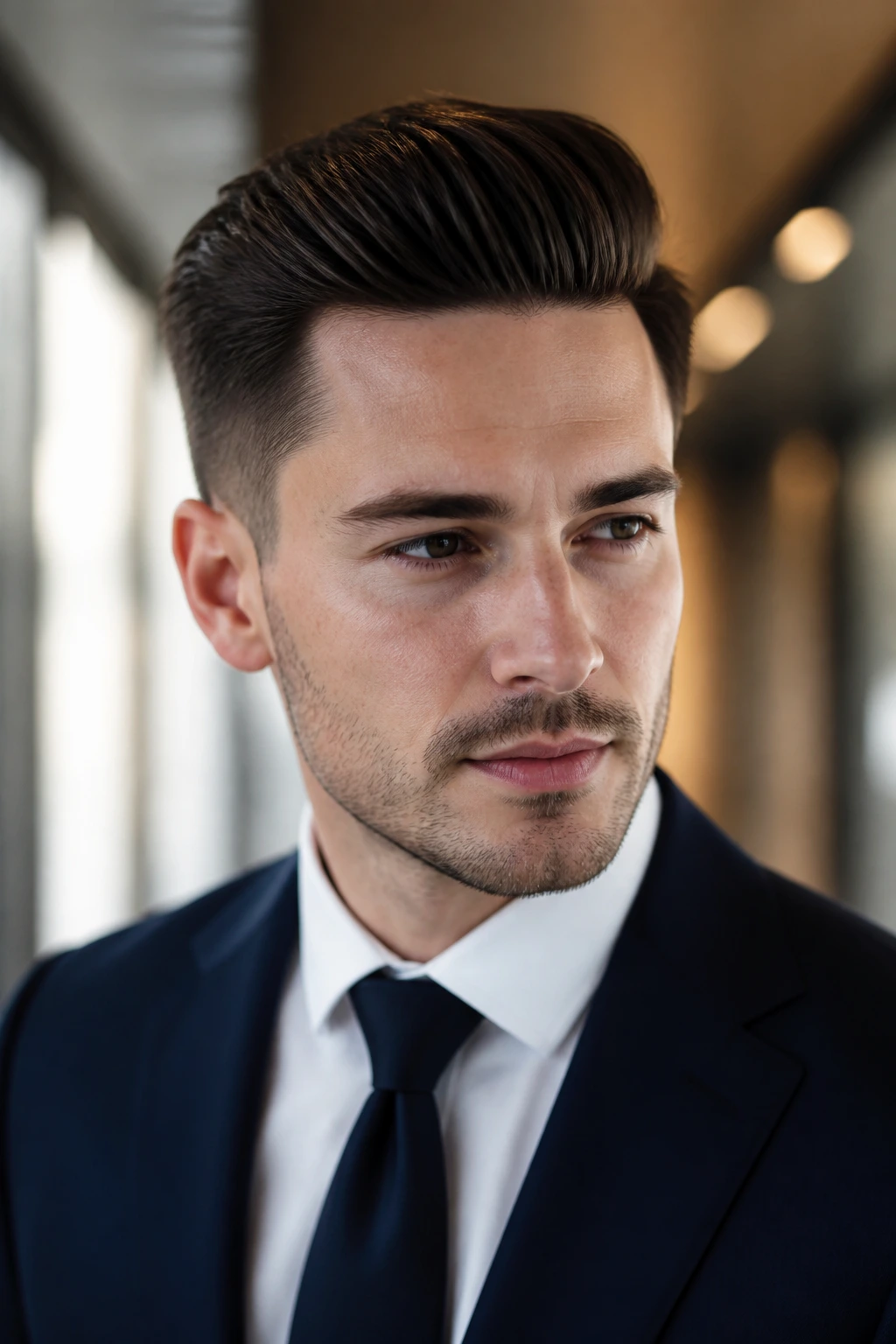 Close-up of a man with a polished quiff in an upscale office setting.