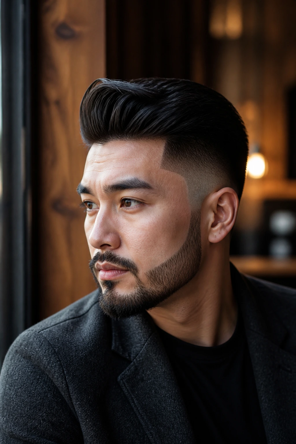 Portrait of a man with pompadour fade and connected beard.