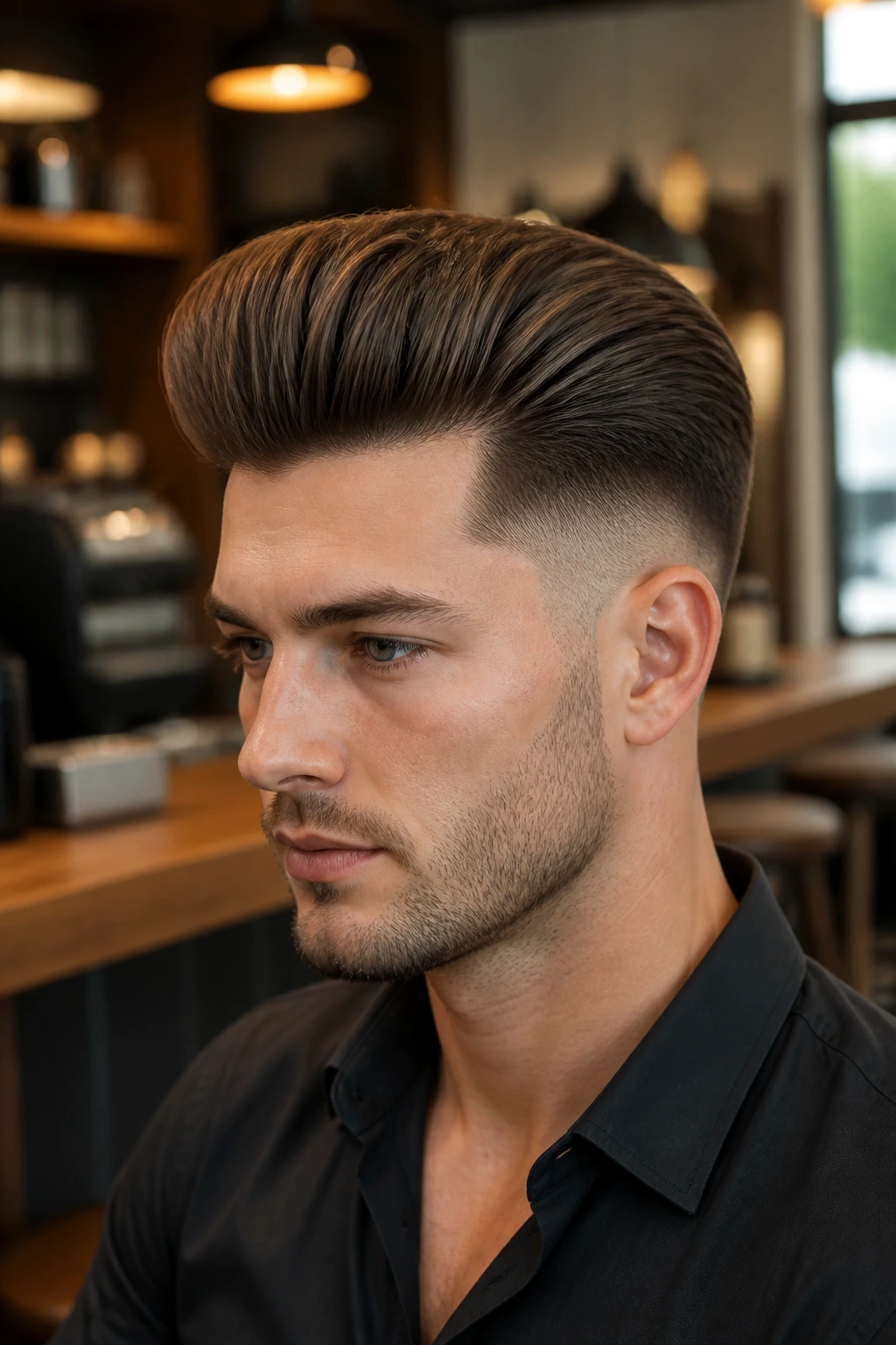 Portrait of a man with a high taper pompadour fade in a warm cafe setting