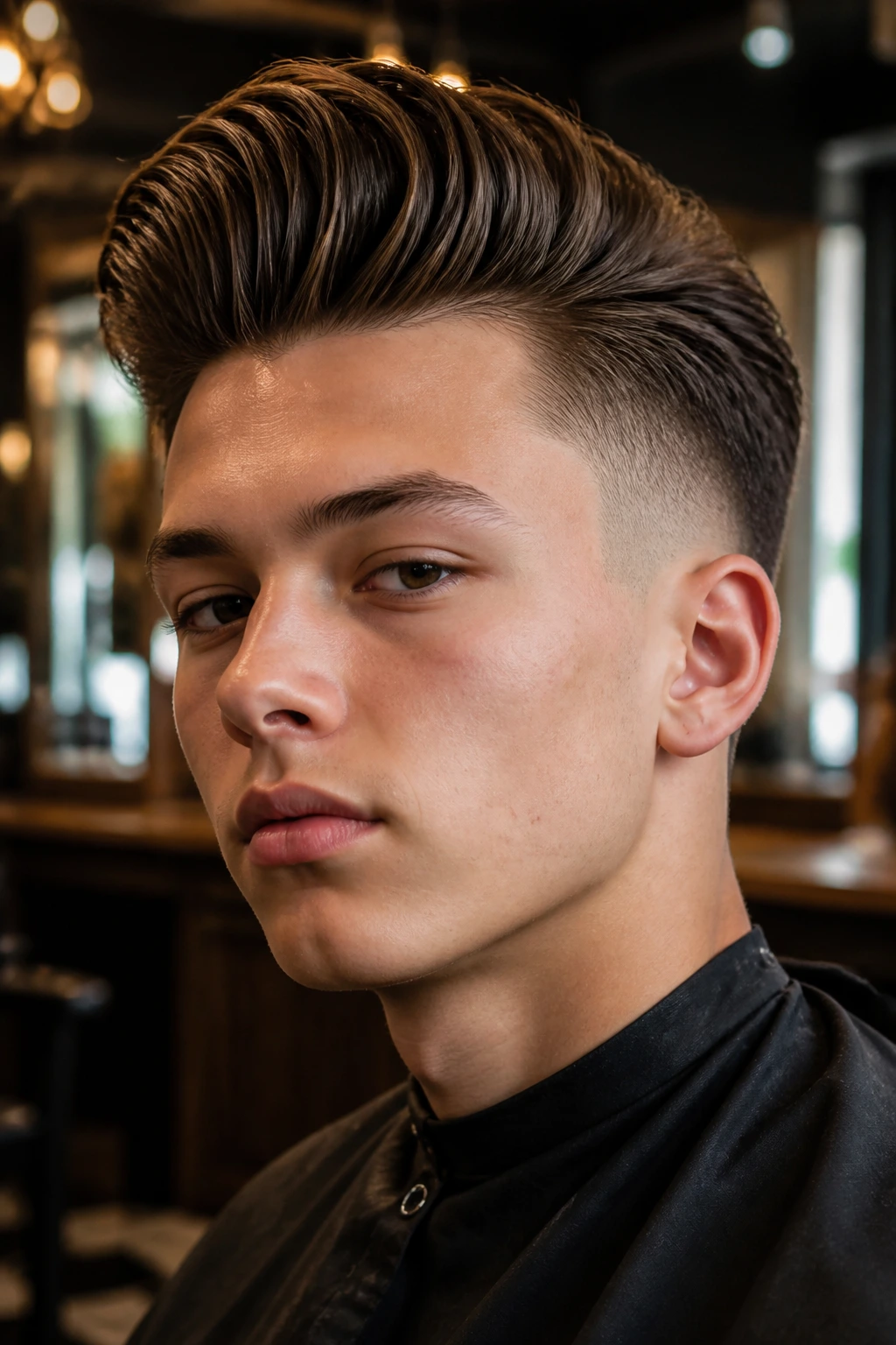 Close-up of a real person with a high-volume pompadour fade in barbershop lighting