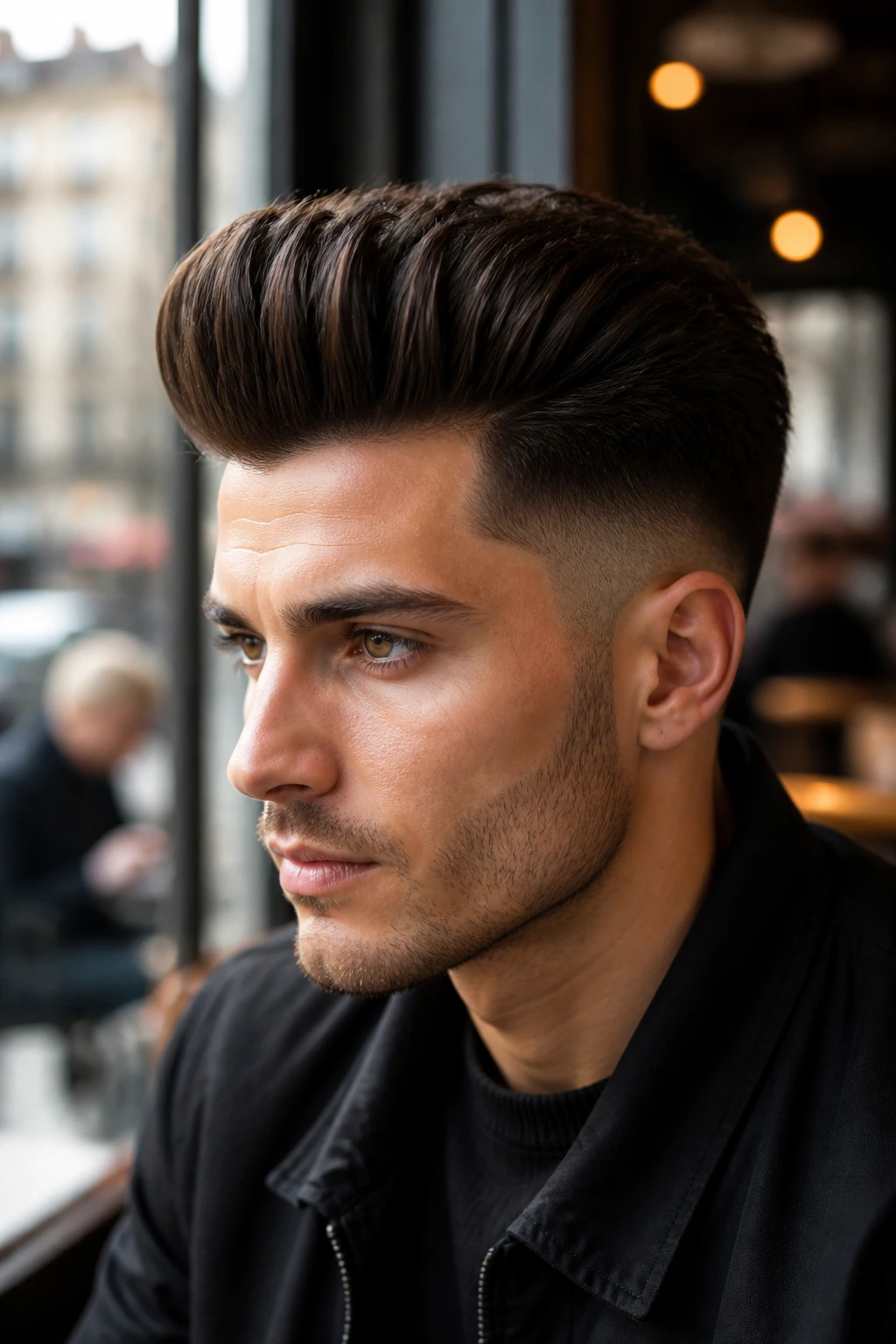 Close-up portrait of a man with a tall pompadour and tapered sides in a cafe setting
