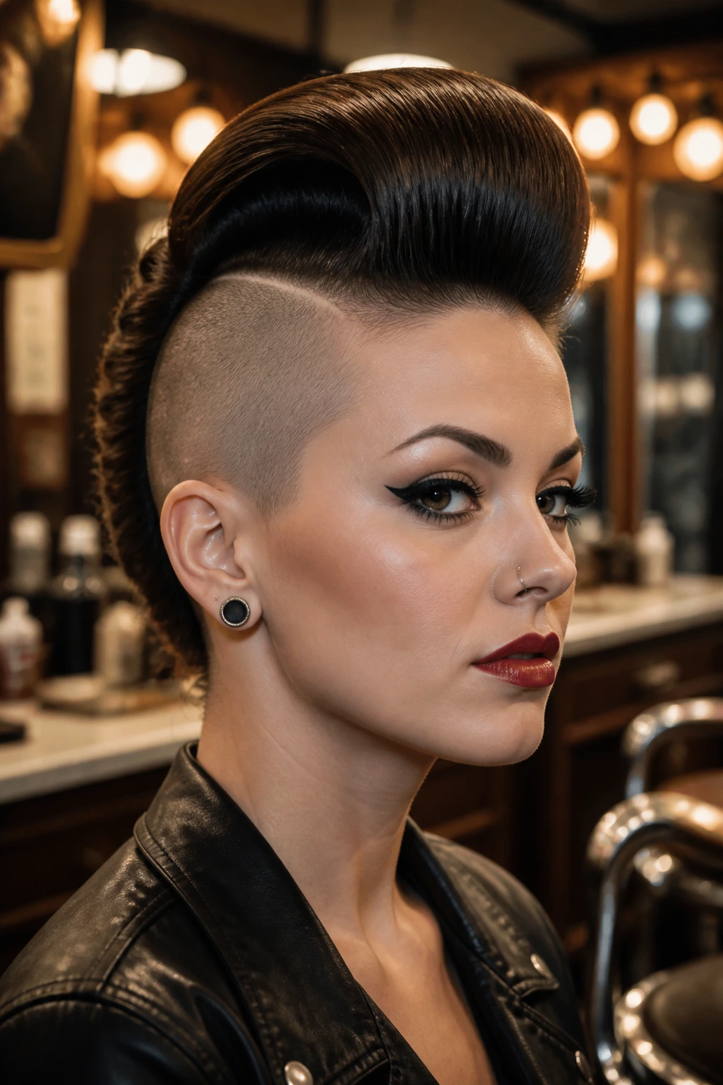 Close-up of a real person with vintage pompadour-mohawk hybrid in a retro barber shop.