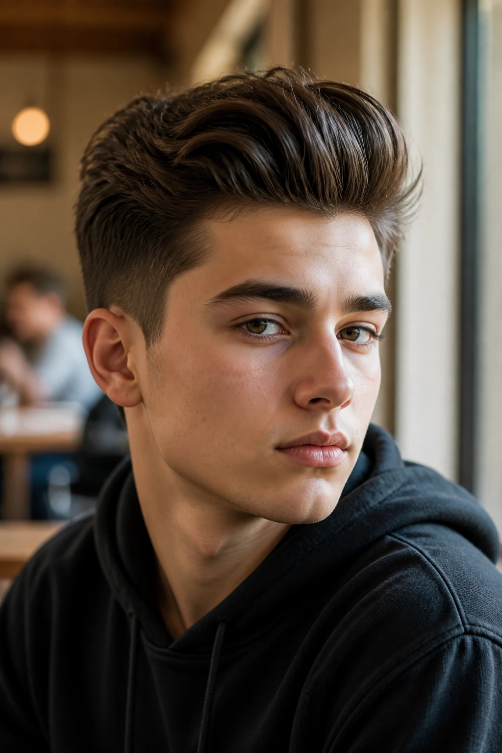 Close-up portrait of a real teenage boy with a modern pompadour