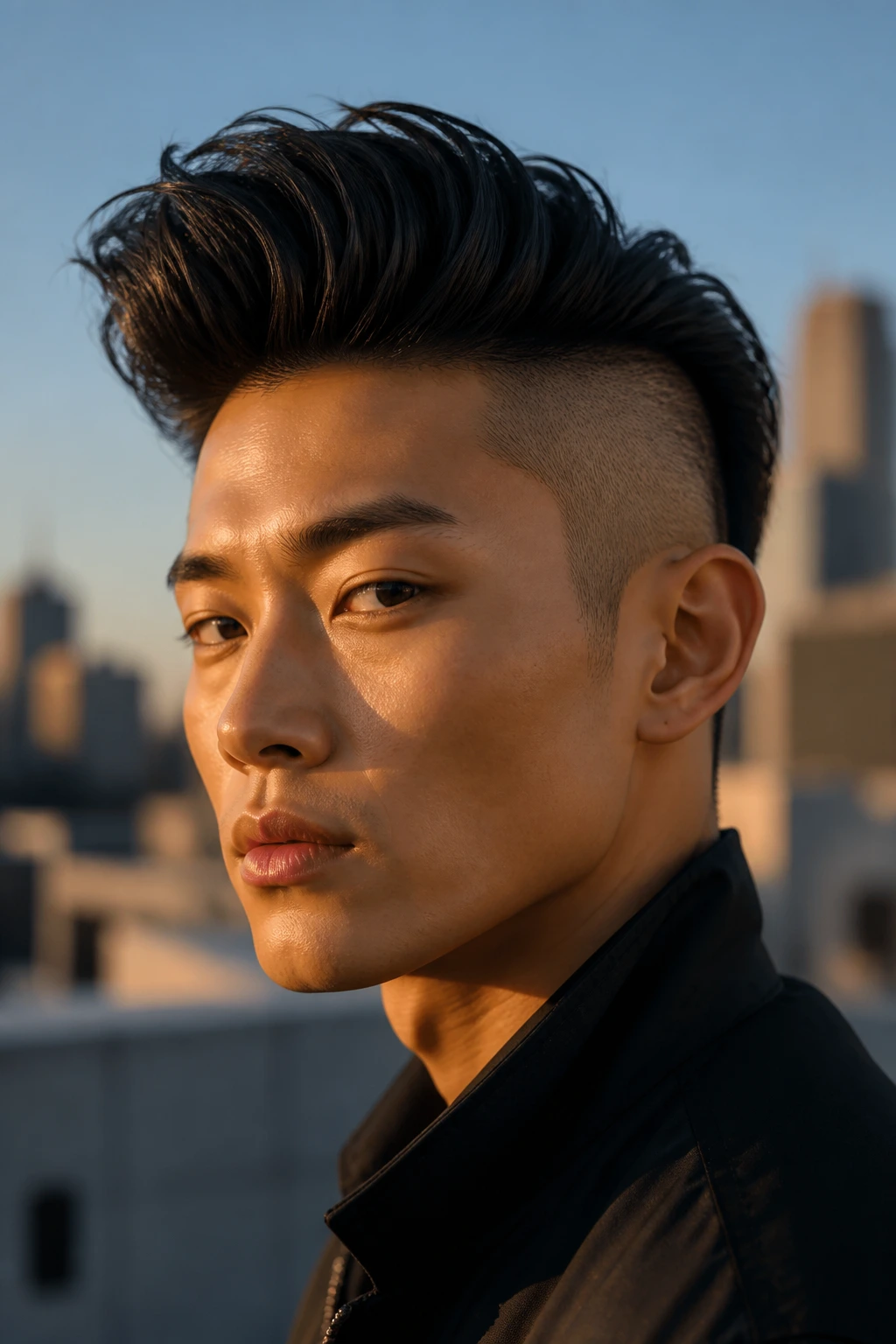 Portrait of a real Asian model with pompadour undercut in golden hour urban setting