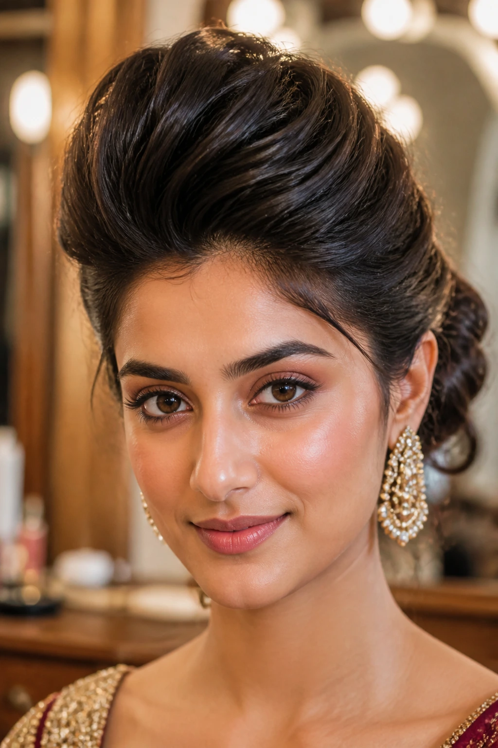 Close-up of a retro pompadour updo in a vintage-inspired salon