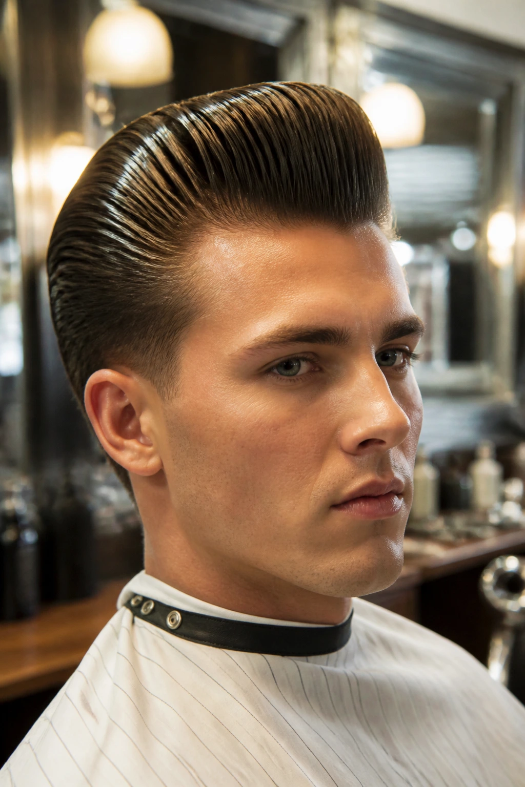 Close-up portrait of a real man with a glossy slicked-back vintage pompadour in a retro barbershop setting