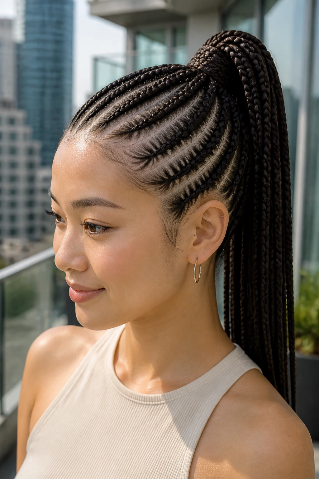 Real person with cornrows flowing into a high ponytail