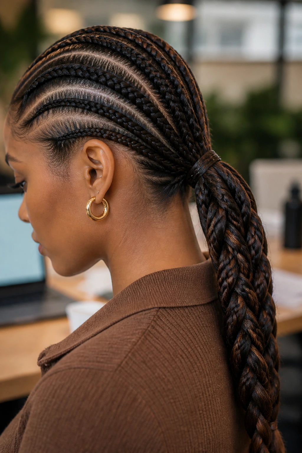 Close-up of a real person with a low ponytail featuring multiple braided details.