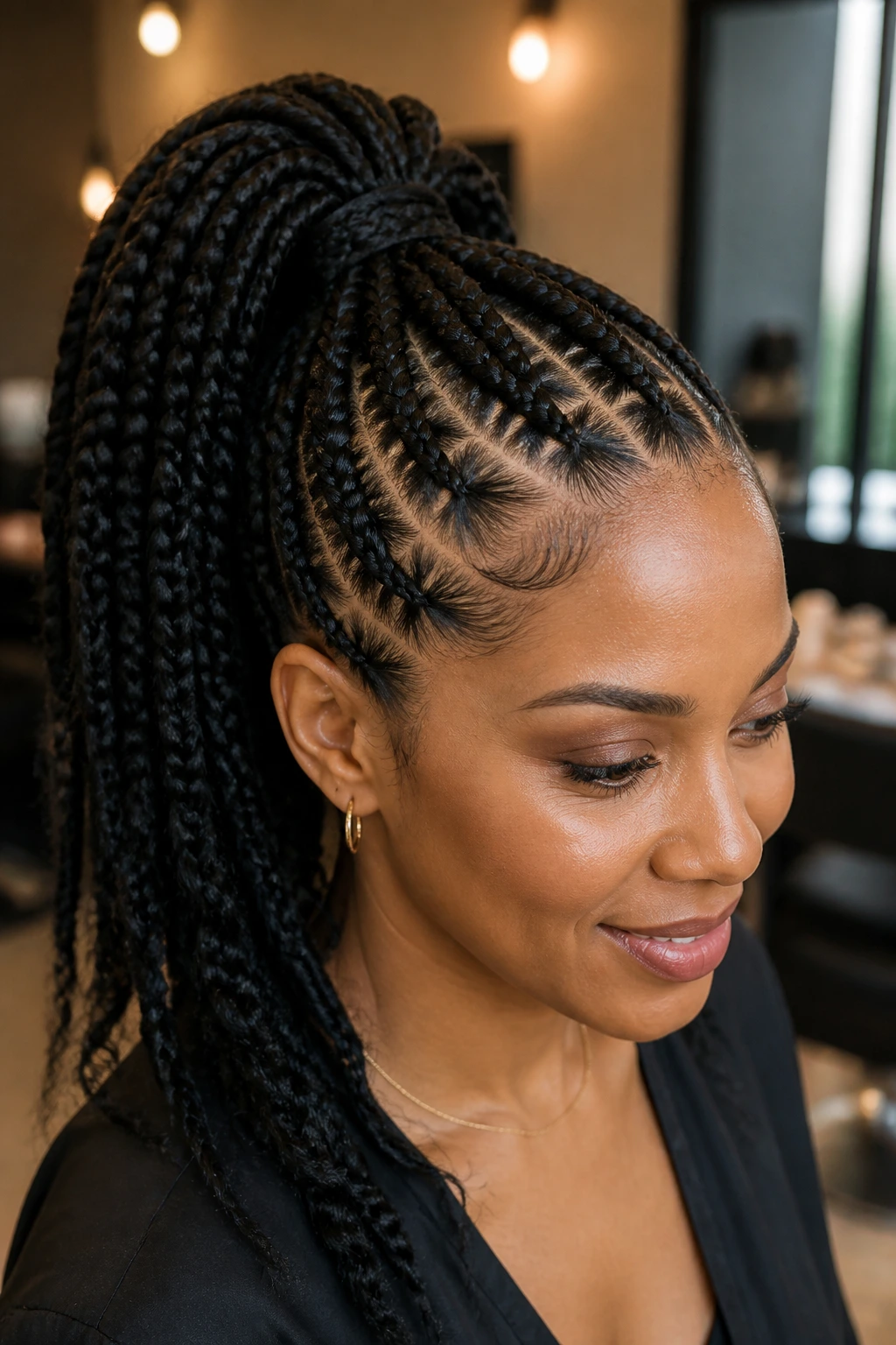 Real woman with a high-volume braided ponytail.