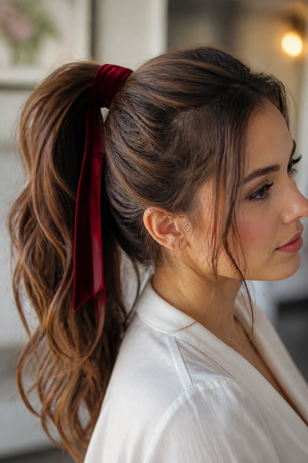 Portrait of a real woman with a ribbon-wrapped high ponytail