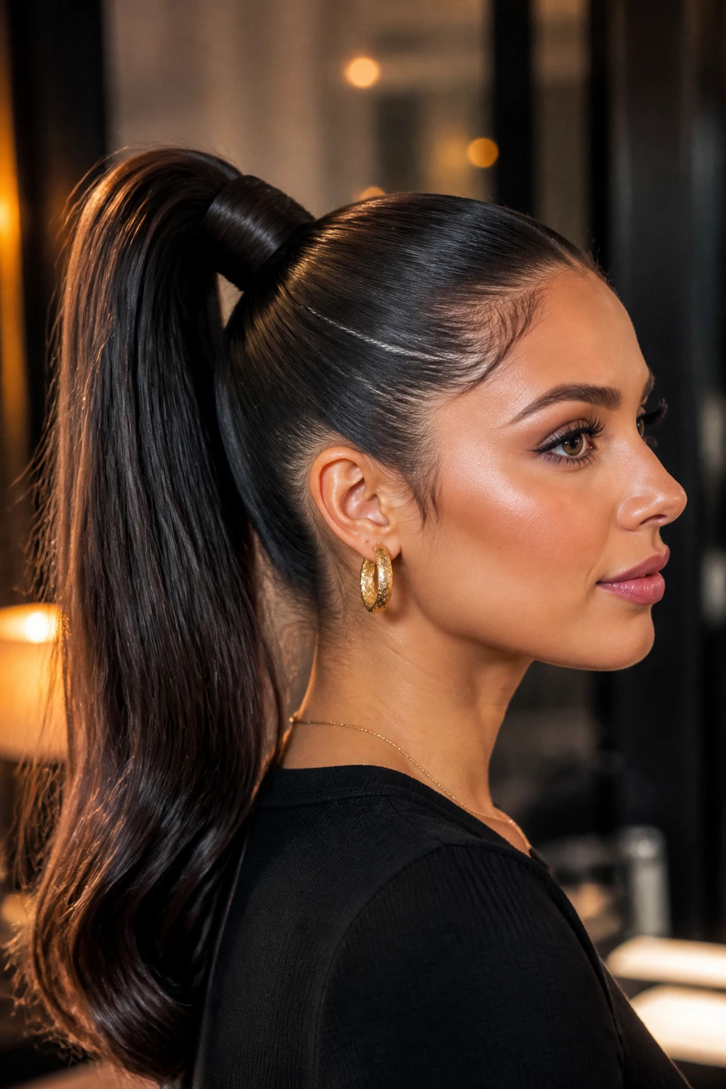 Close-up of a real woman with a wrapped high sleek ponytail