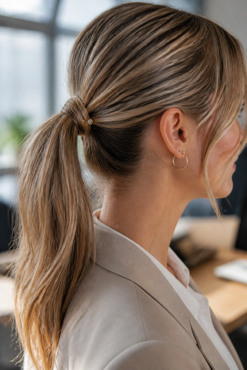 Close-up of a real woman's ponytail with a wraparound wrap hiding the elastic and a sparkly bobby pin
