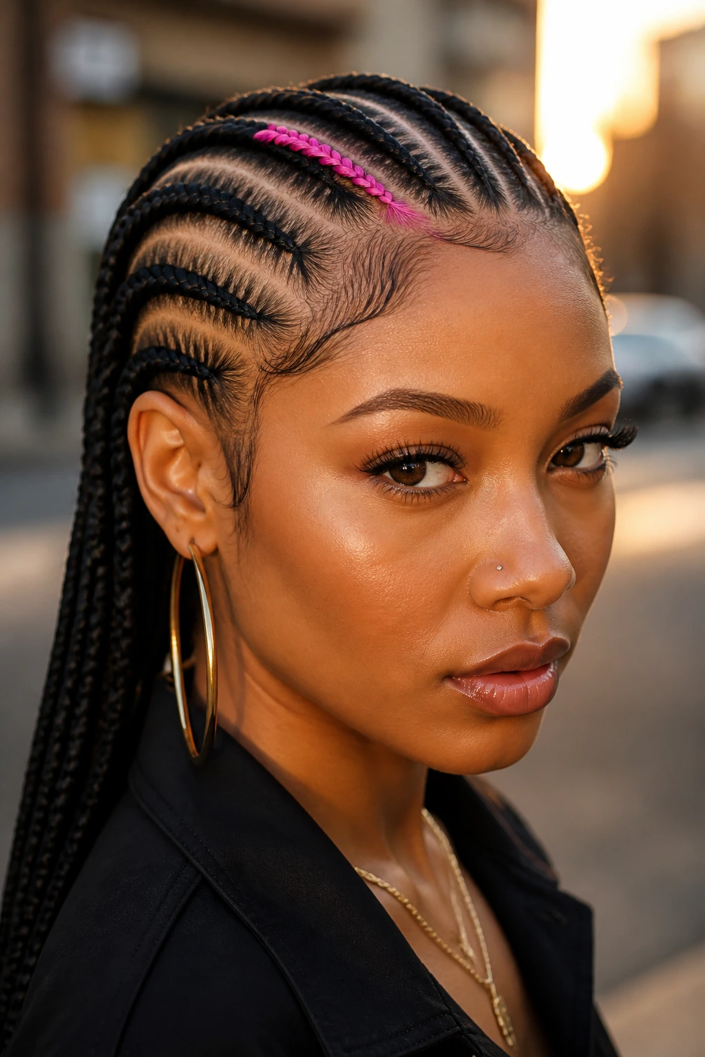 Close-up of a single colored accent braid among cornrows