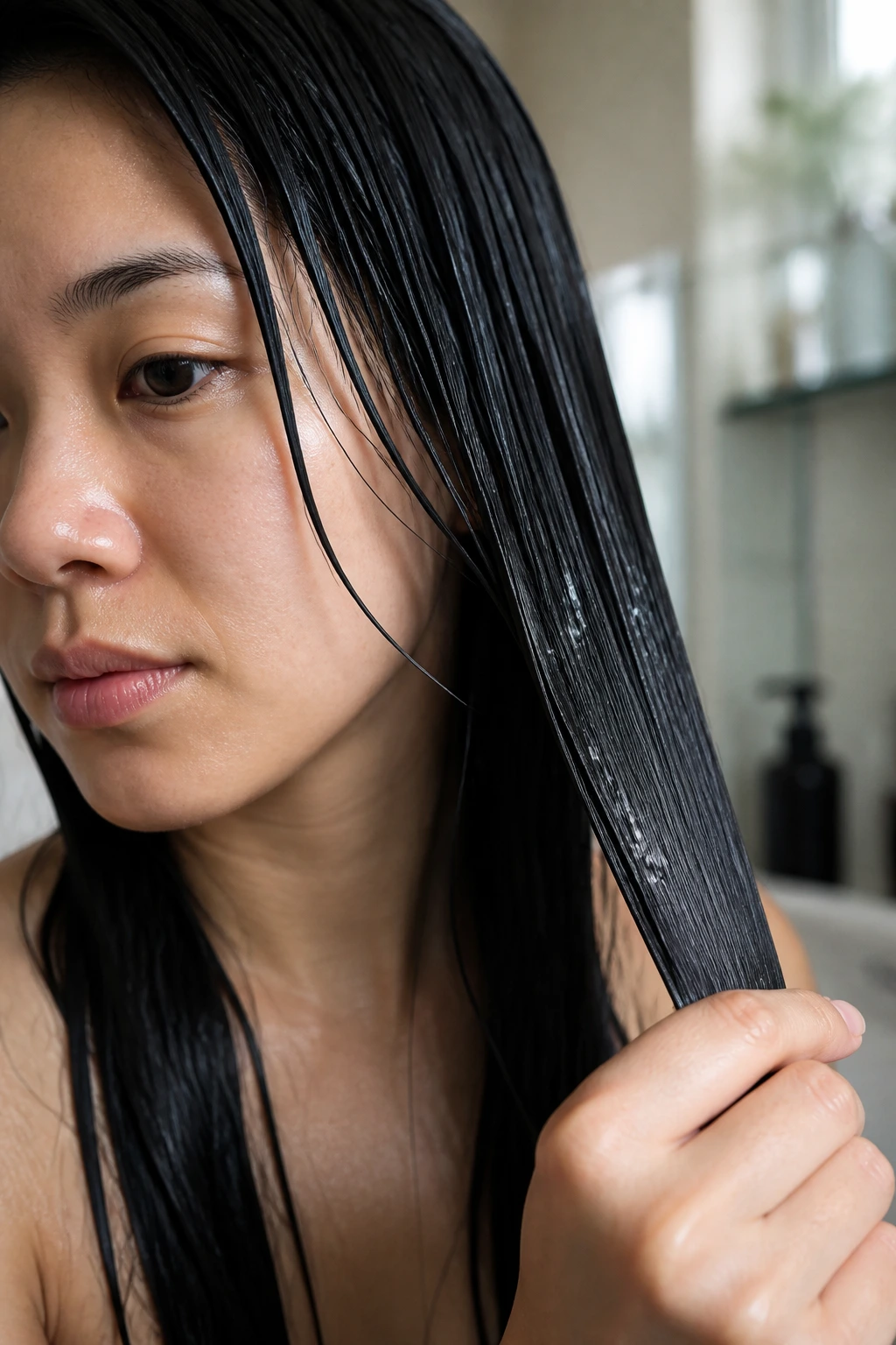 Close-up of hair with water beads to indicate low porosity on a real person