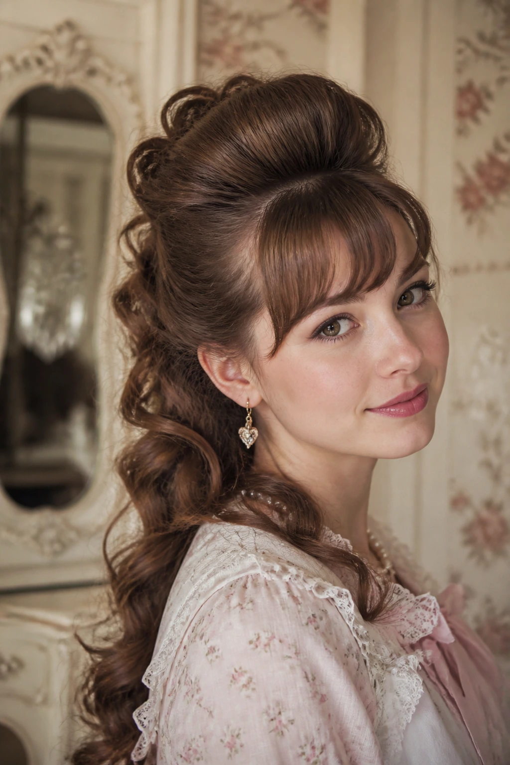Close-up portrait of a real woman with a pouf bump and cascading curls