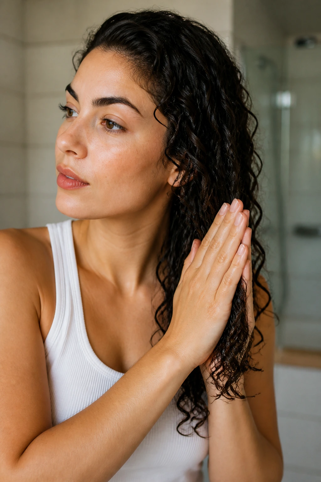 Close-up of a real person using the praying hands method on their curls.