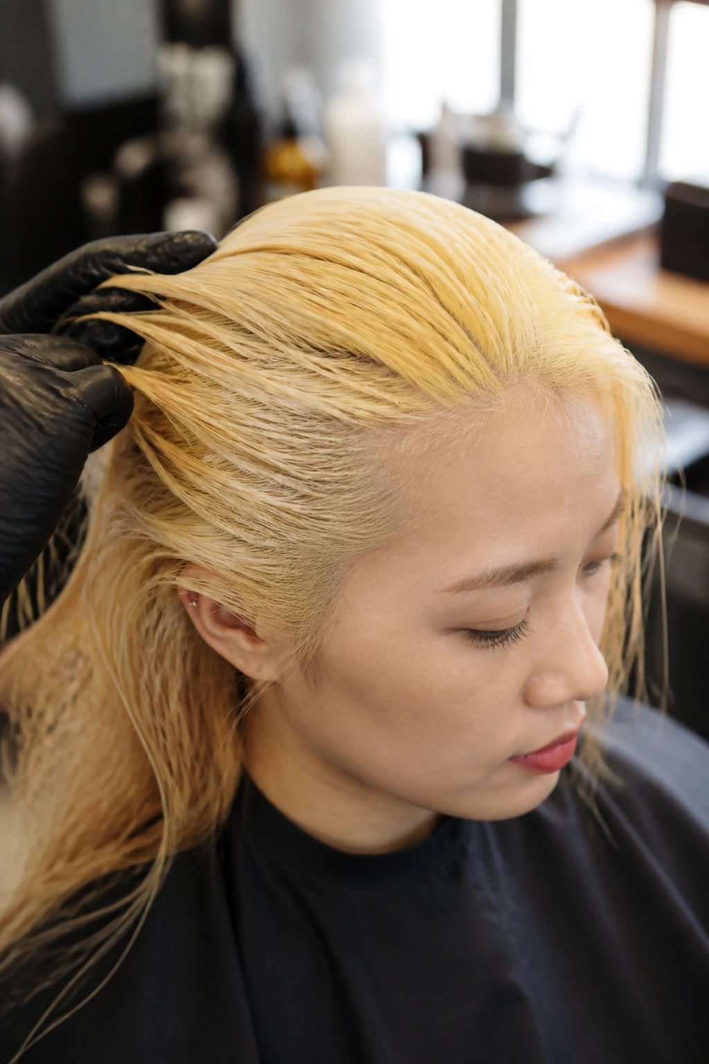 Close-up of a real person undergoing pre-lightening to pale yellow base in a salon