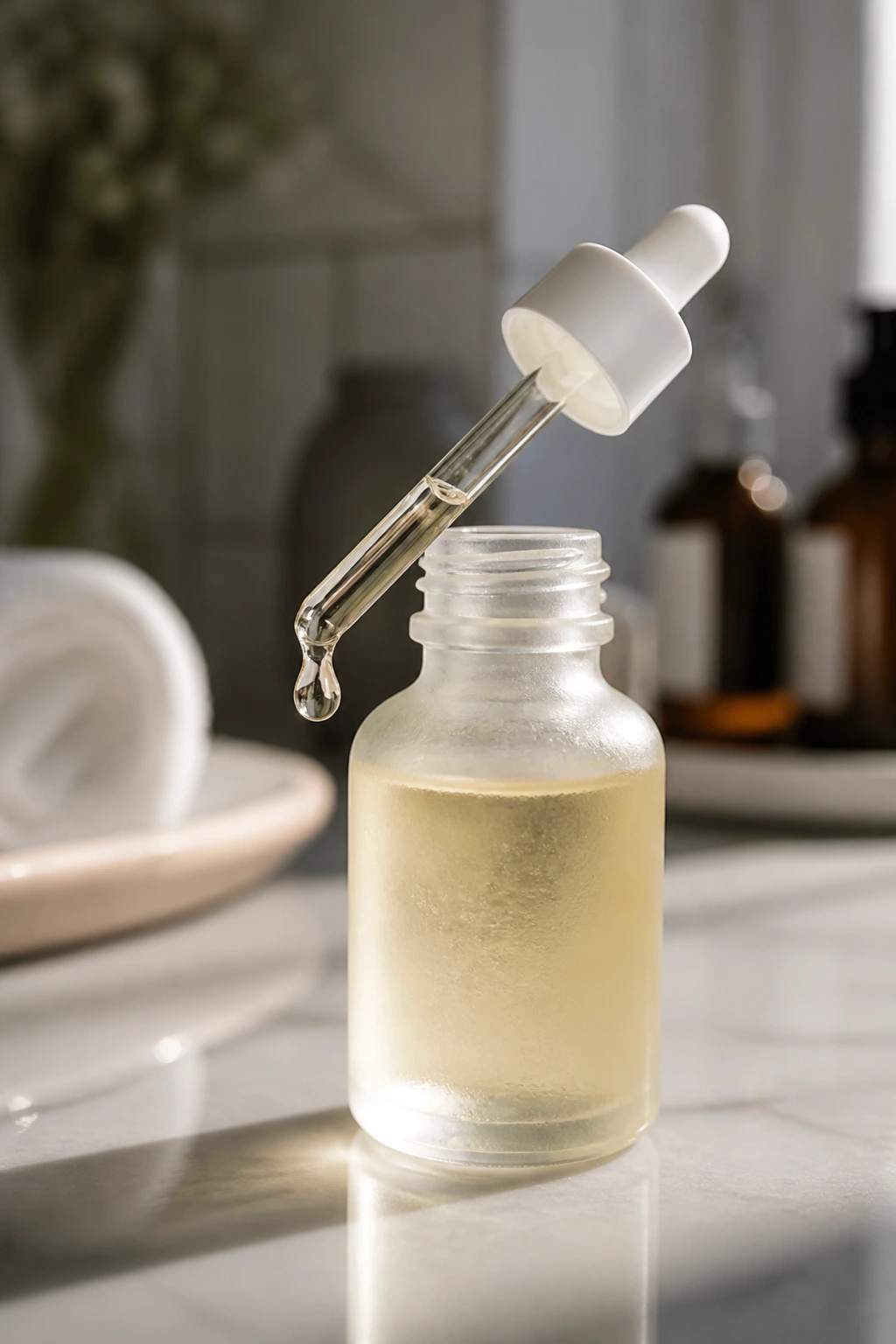 Dropper bottle with detangling oil on bathroom vanity