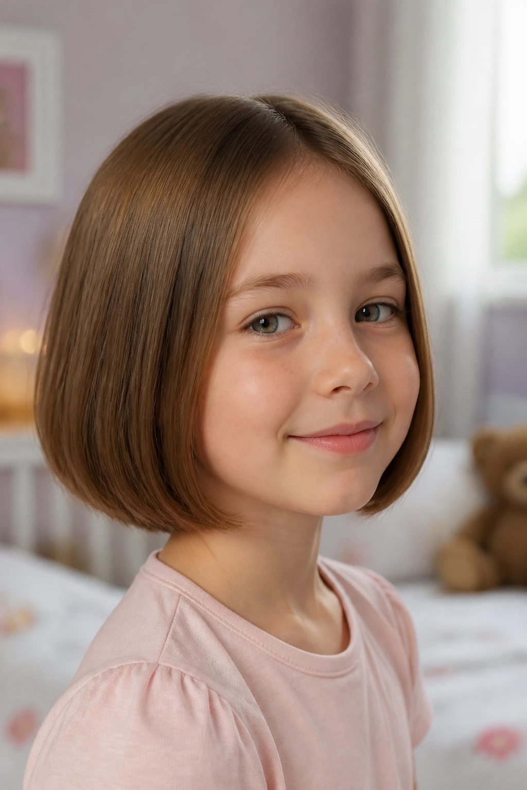 Close-up of a child with a blunt jawline bob, natural window light