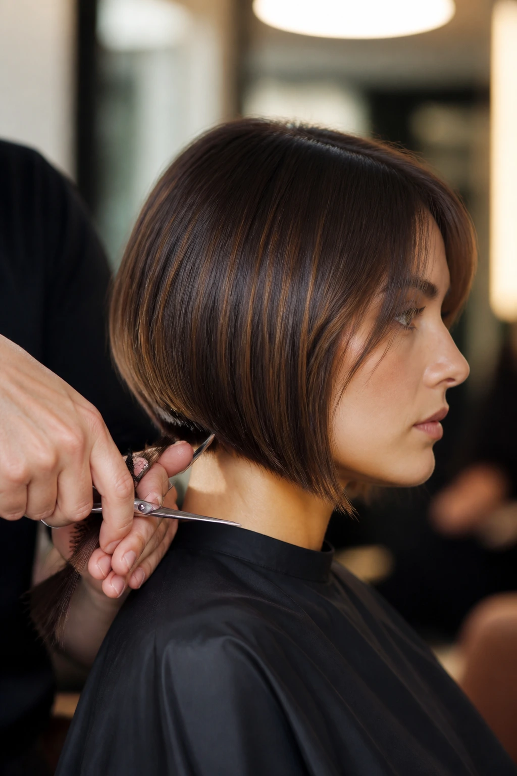 Close-up of precise hair cutting showing sharp angular bob line