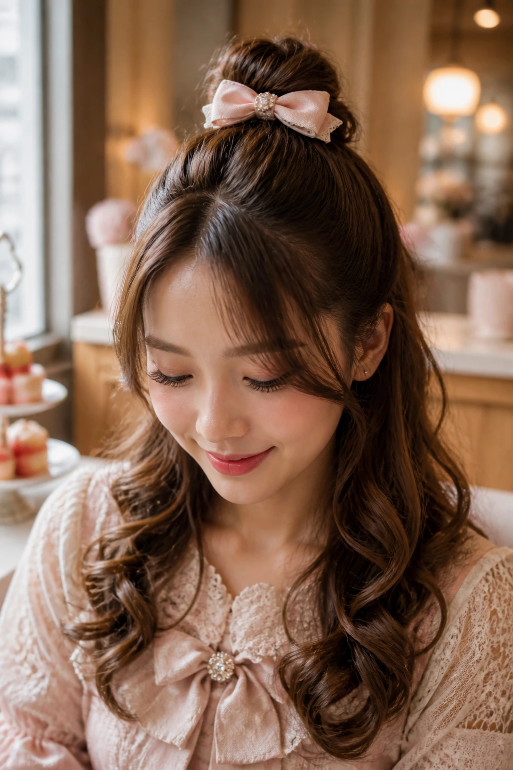 Close-up portrait of a real woman with the Princess half-bun hairstyle